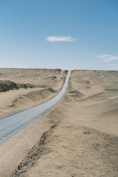 A long, empty road stretches through a barren desert landscape under a clear blue sky.