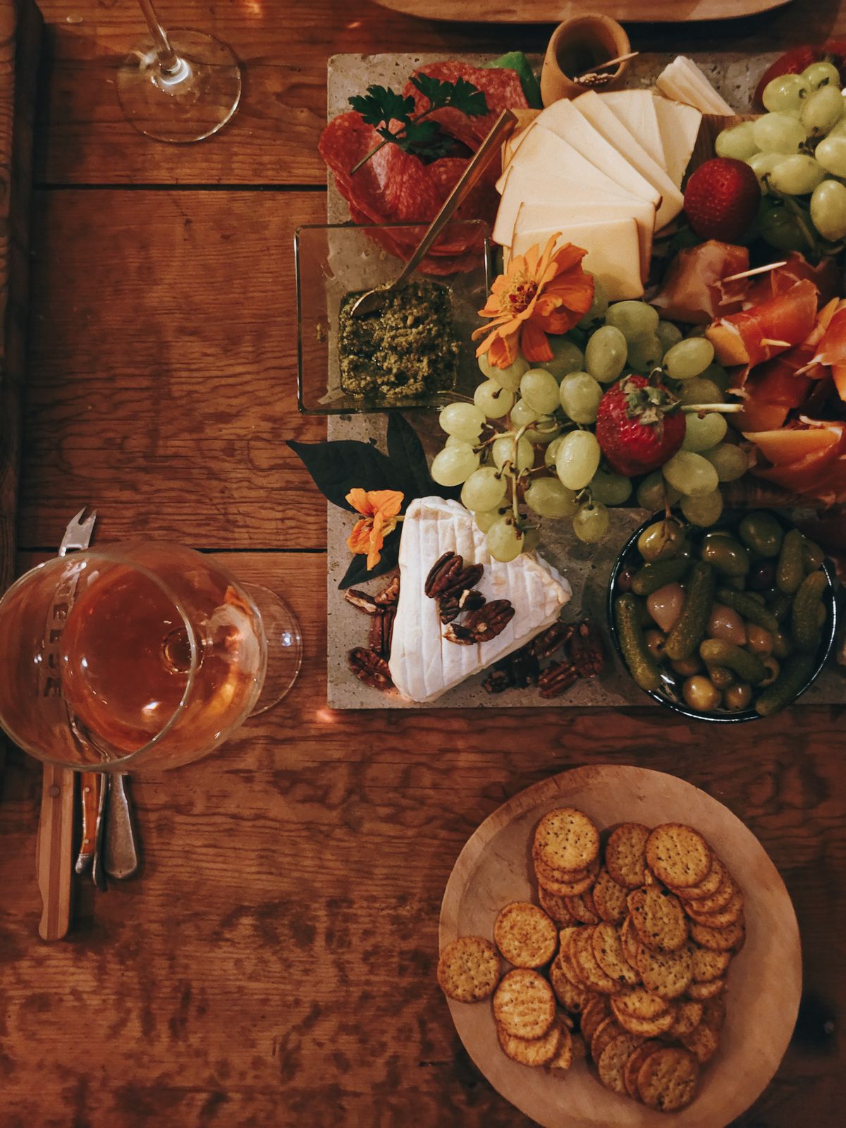 Top view of cheese and meats board for thanksgiving charcuterie board ideas