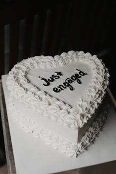 Elegant heart-shaped cake with floral frosting and 'Just Engaged' text, perfect for celebrations.