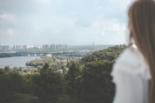 Free View of a city skyline across a river from a scenic overlook, framed by lush greenery. Stock Photo