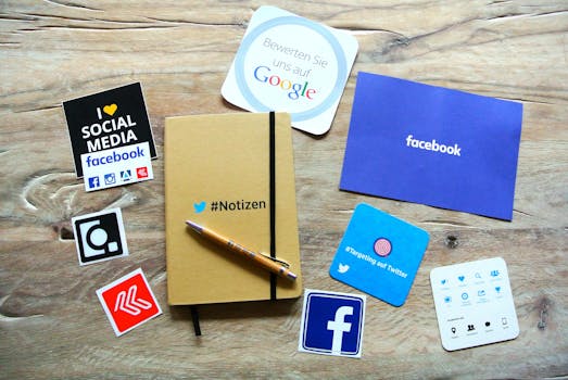 A golden notebook surrounded by objects with social media logos