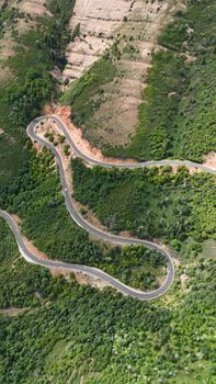 A scenic aerial view of a winding mountain road surrounded by lush greenery in Utah.