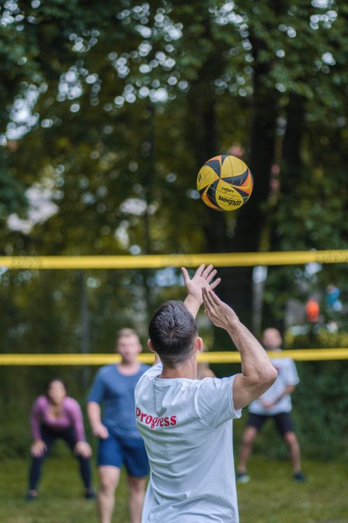 Free Action shot of a group of adults playing volleyball outdoors in a park setting. Stock Photo