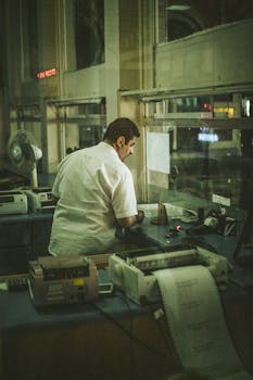Office worker handling paperwork with vintage machines at night in an illuminated workspace.