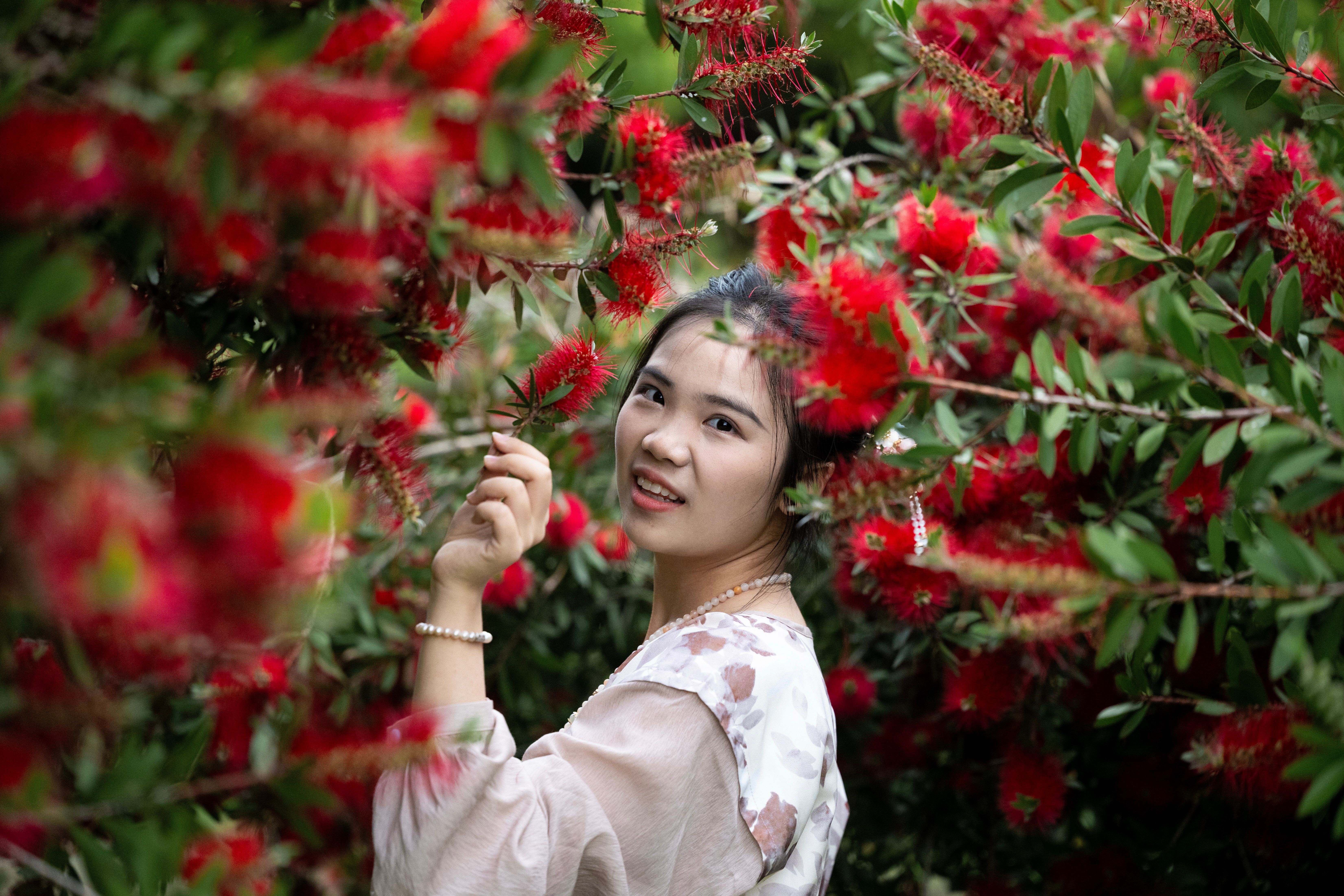 A Woman Standing between Red Flowers in the Garden · Free Stock Photo