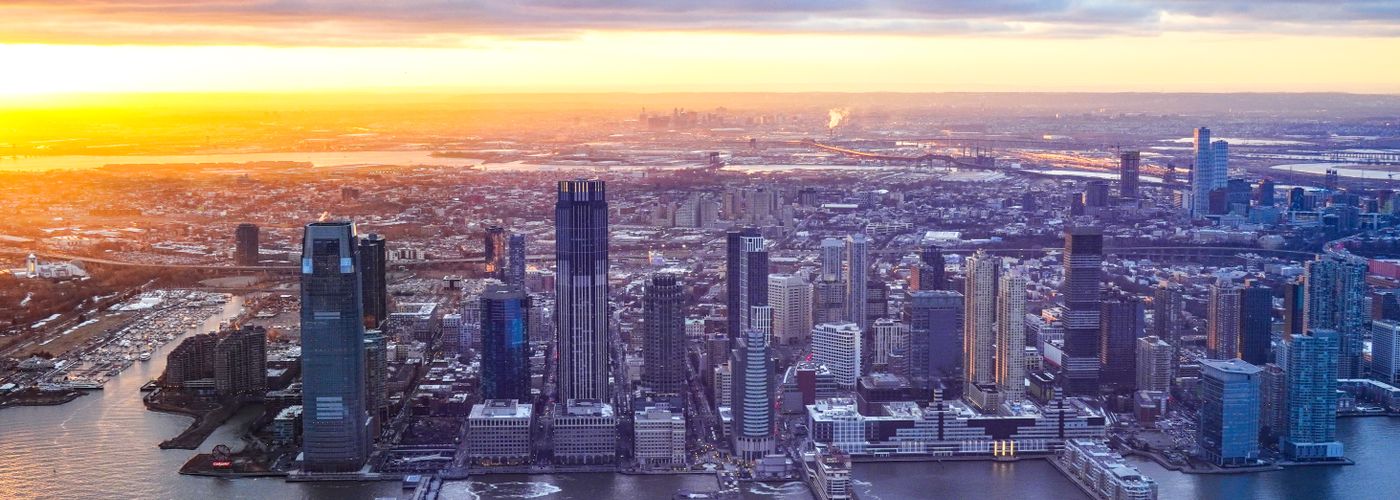 Panoramic view of Jersey City New Jersey at sunset