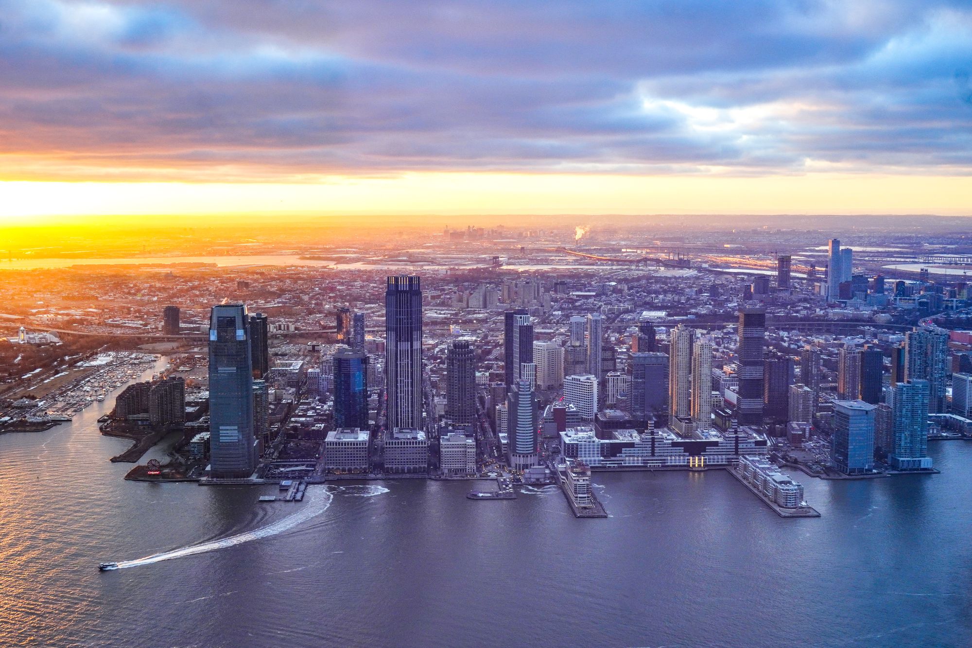 Panoramic view of Jersey City New Jersey at sunset