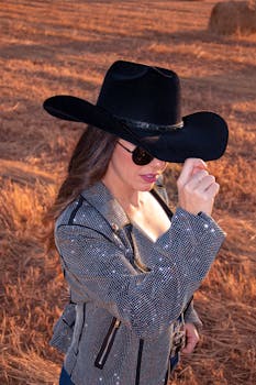 Fashionable woman in a cowboy hat adjusting sunglasses, standing in a rural field.