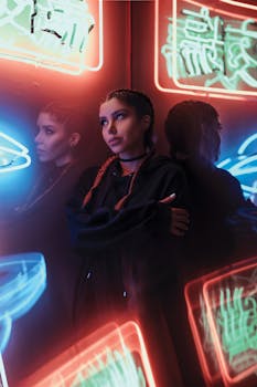 一位扎着辫子的年轻女子站在明亮的霓虹灯中，若有所思，灯光映照着她的身影