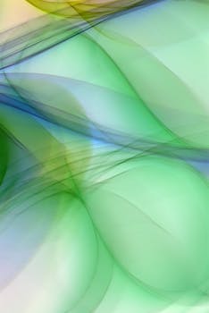 Green and blue abstract wave patterns create a tranquil vibe.