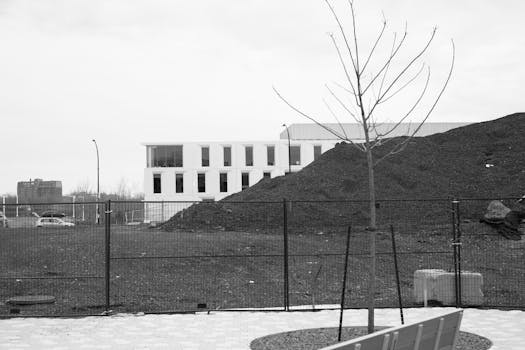 Black and white photo of a construction site with a modern building and bare tree.