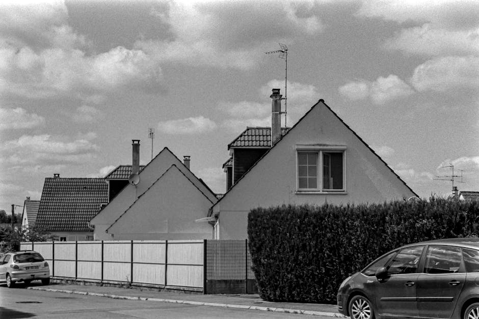 Monochrome image of suburban houses with parked cars under cloudy sky.
