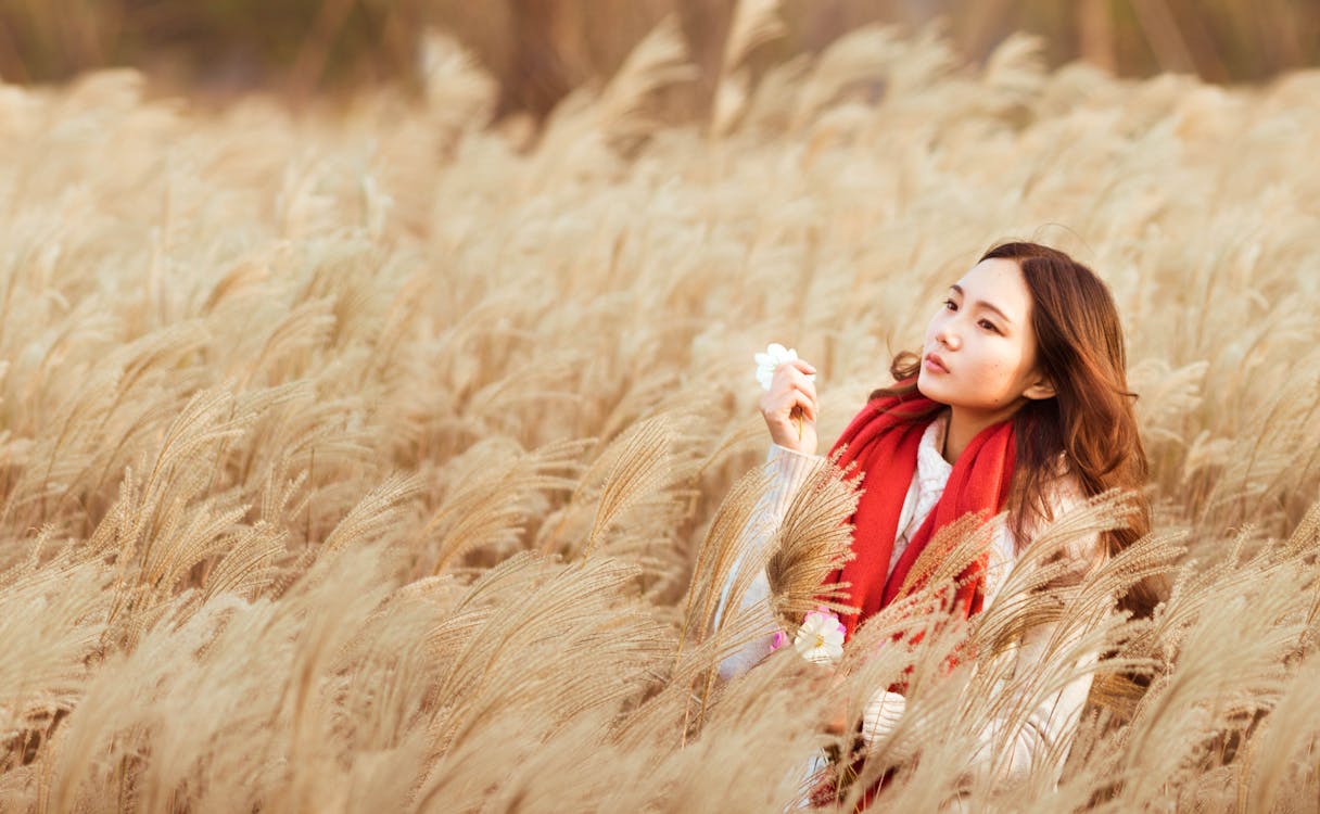 Free Woman Standing in the Middle of Brown Hay Field Stock Photo
