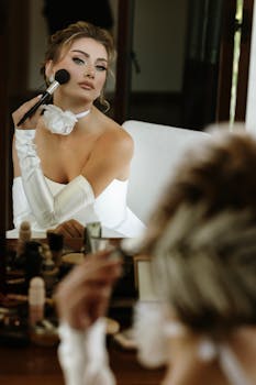 A bride elegantly applies makeup in front of a mirror, reflecting style and poise.