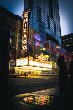 芝加哥剧院的立面被霓虹灯照亮，映衬出充满活力的城市夜色