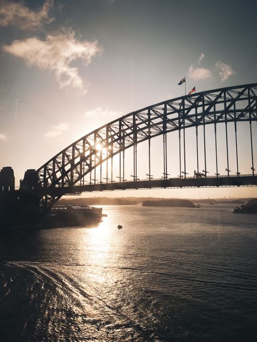 Free Scenic view of Sydney Harbour Bridge during a stunning sunset, capturing the iconic silhouette against the glowing sky. Stock Photo