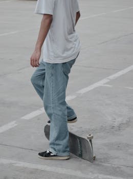 Teenage boy in jeans and sneakers standing on a skateboard outdoors.