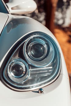 经典汽车前灯的镀铬设计与风格特写细节