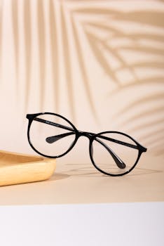 A stylish pair of black eyeglasses placed on a white surface with artistic shadows in the background.