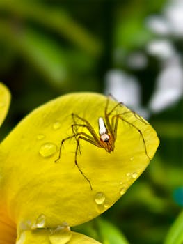 Macro shot of orb-weaver spider perched on a dewy yellow leaf, showcasing nature's intricate details.