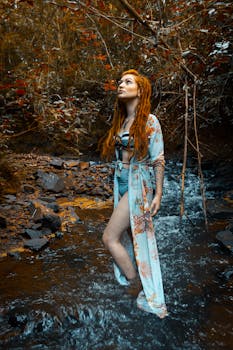 秋日的森林里，一名女子身着飘逸的连衣裙，在小溪边摆着姿势
