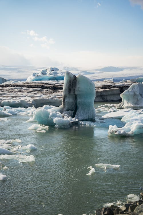 Icebergs floating in the water near a river