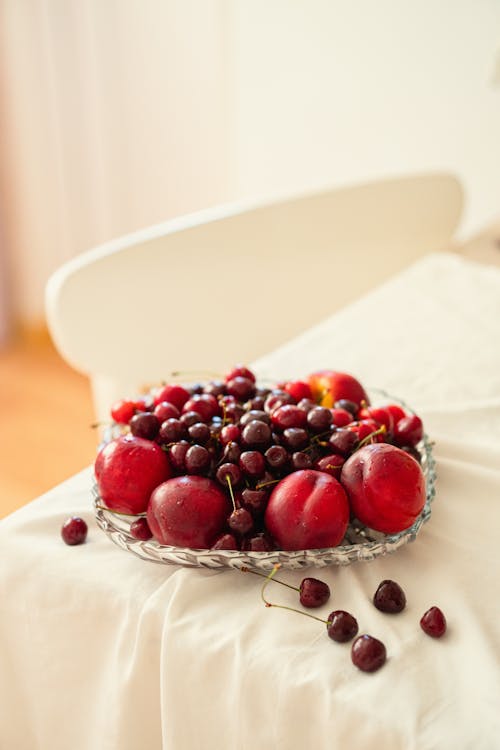 A bowl of cherries on a table