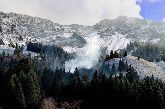 山间景色宁静，白雪皑皑，雾气缭绕，常绿树木点缀其间