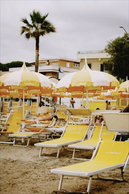 Bright beach scene with yellow umbrellas and loungers on a cloudy day.