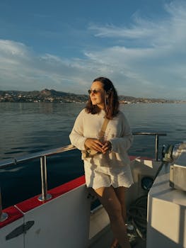 A woman stands on a boat, enjoying a sunny day at sea, wearing sunglasses and a sweater.