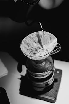 Artistic black and white closeup of coffee being poured through a filter for an aromatic brew.