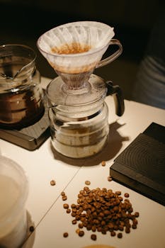 High angle view of coffee beans and brewing equipment on a cafe table.