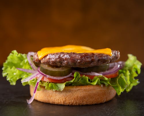 Free A hamburger with cheese and lettuce on a plate Stock Photo