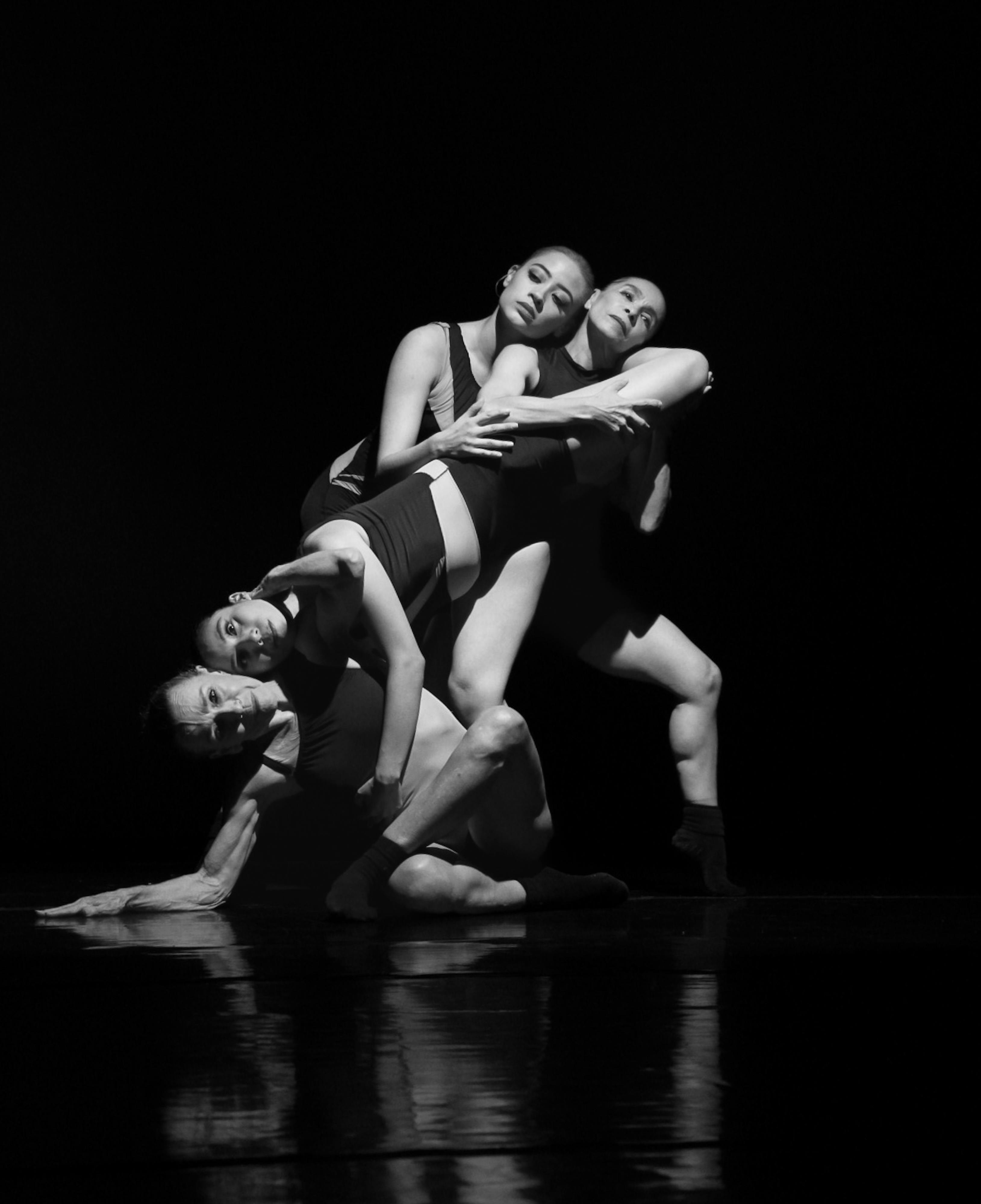 Four dancers in a dynamic modern dance pose in black and white.