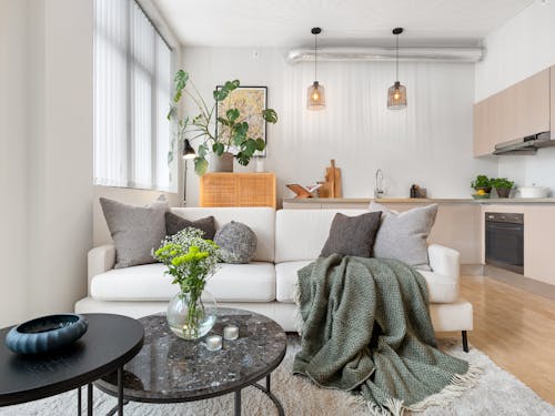 A living room with a couch, coffee table and a plant