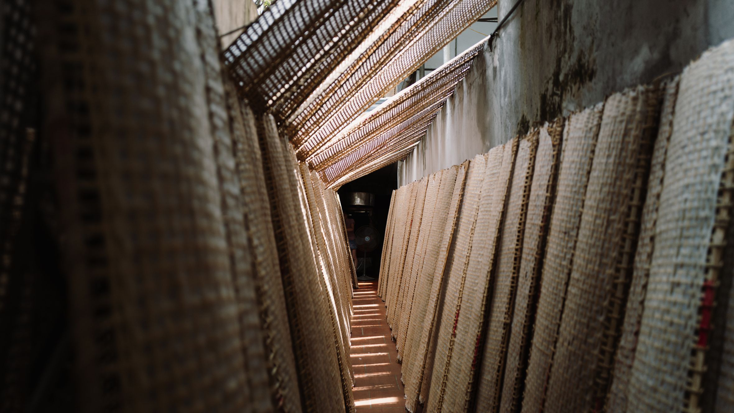 Narrow alley in Bắc Giang, Vietnam, lined with drying rice paper racks under sunlight.
