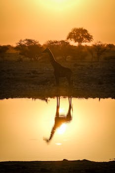 Giraffe silhouette reflected in water at sunrise on African safari.