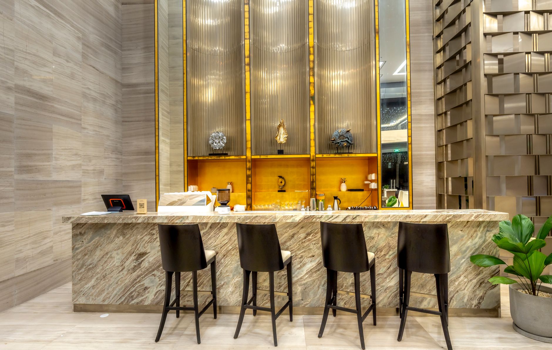 A sophisticated and minimalist interior of a high-end private members club featuring premium materials and elegant architectural lines.