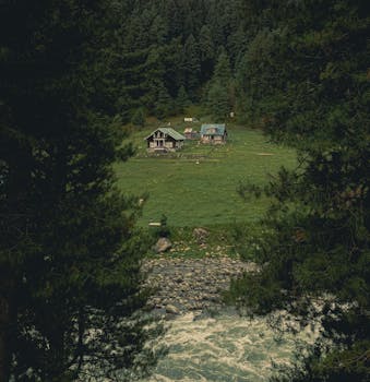A picturesque landscape with forest cottages nestled between lush greenery and a flowing river.