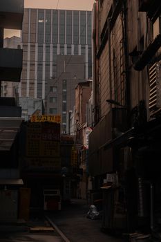 Mysterious city alleyway with high-rise buildings in background. Perfect for urban exploration themes.