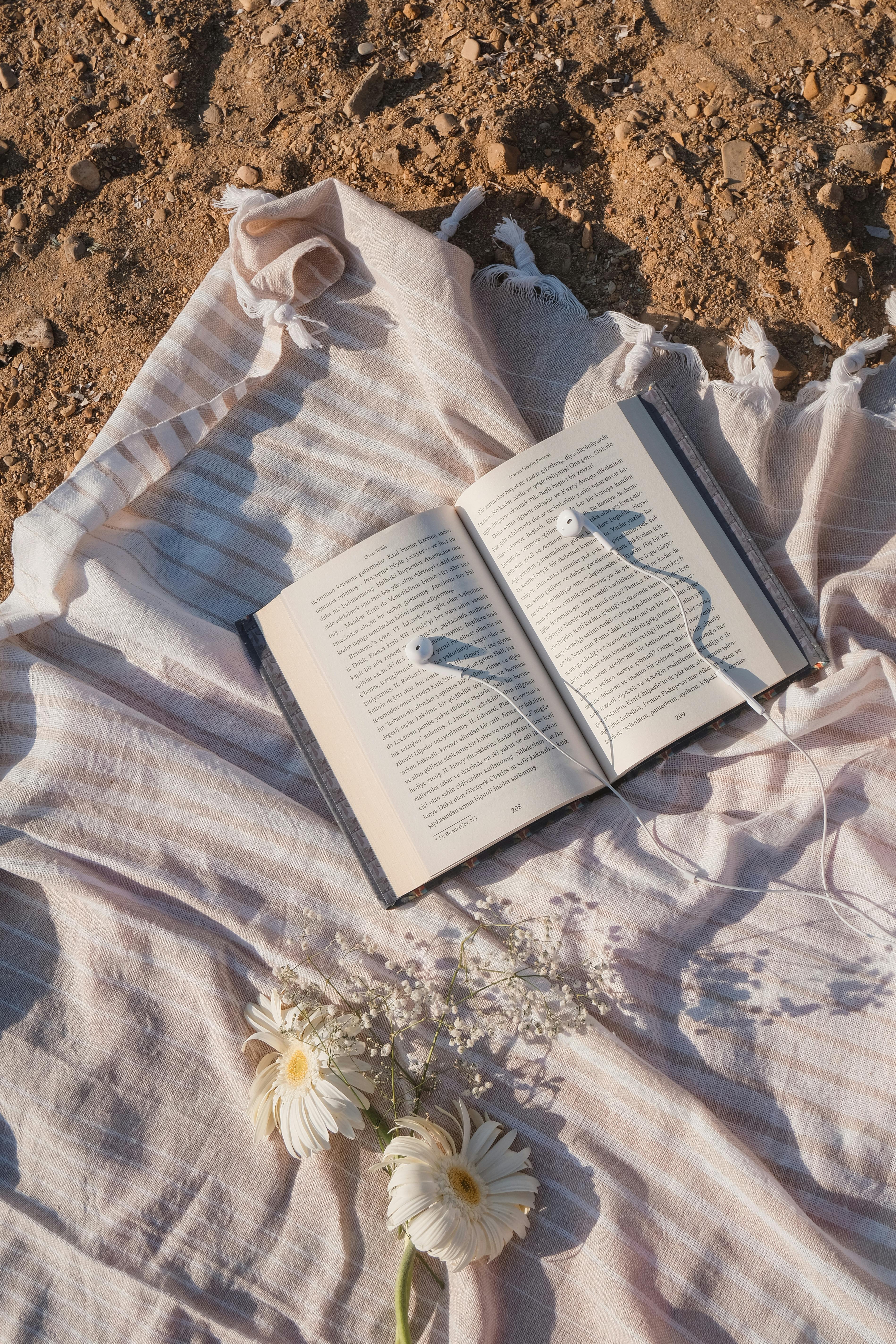 book headphones and flowers on blanket on beach