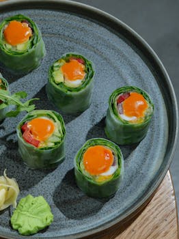 Vibrant vegetable rolls with egg yolk on a stylish ceramic plate, perfect for healthy meals.