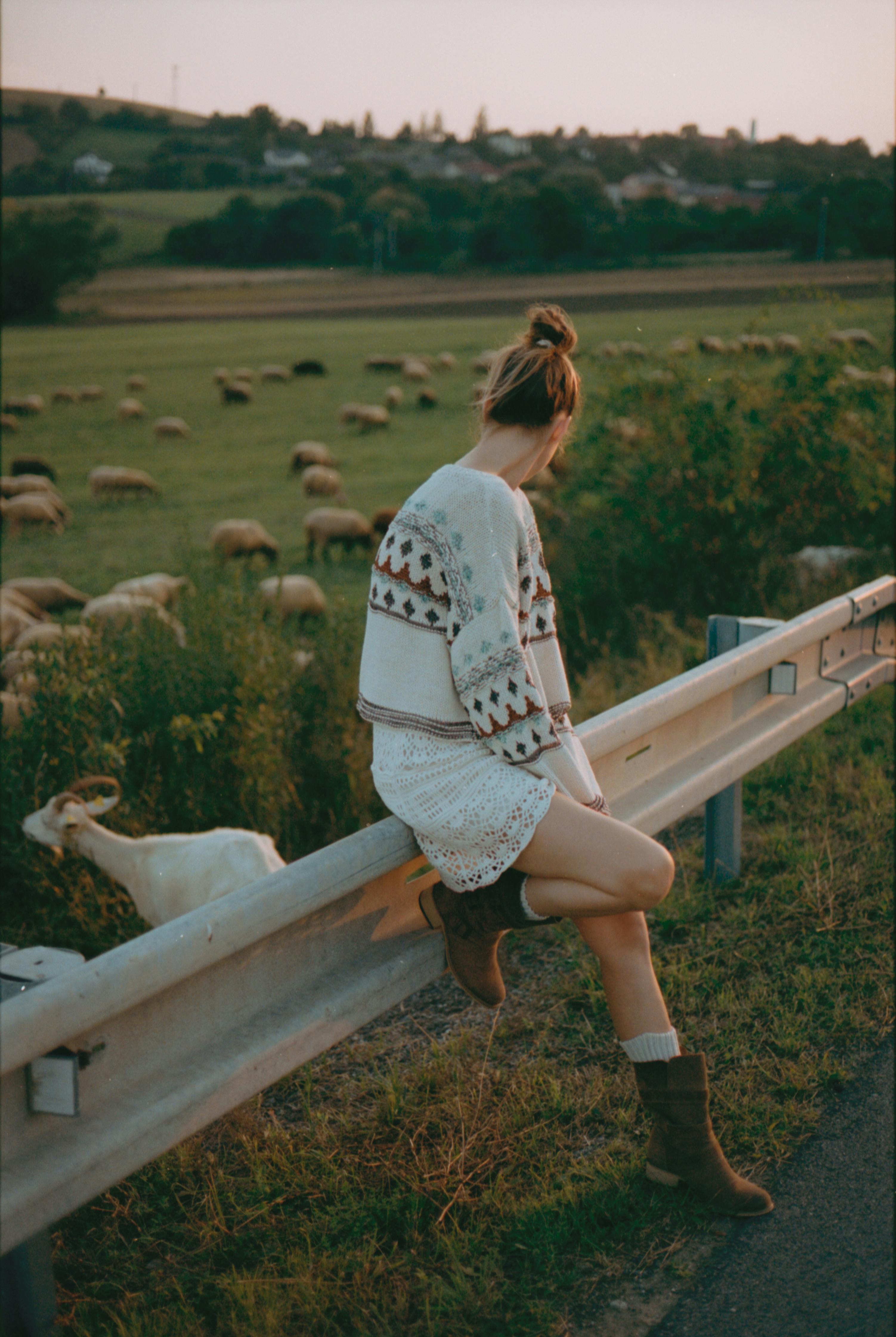 A woman in a knitted sweater sits on a barrier overlooking sheep grazing at sunset in the countryside.