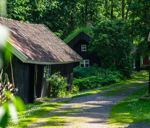 Free Rustic wooden houses with tile roofs in a lush green setting on a sunny summer day in Falköping. Stock Photo