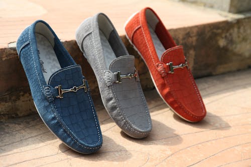 Three Unpaired Red, Gray ,and Blue Horsebit Loafers