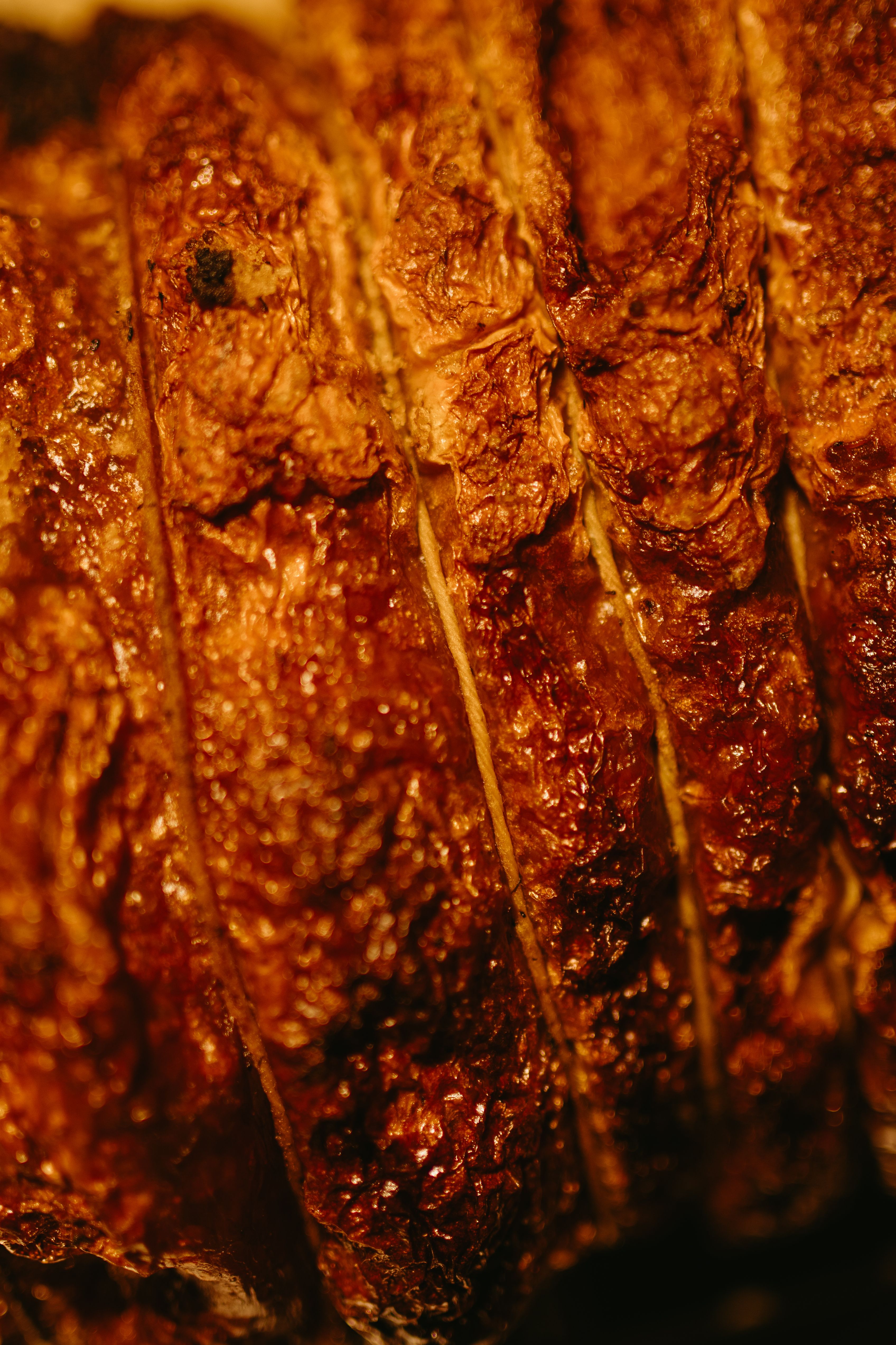 Delicious close-up of perfectly grilled meat showcasing its crispy, textured surface.