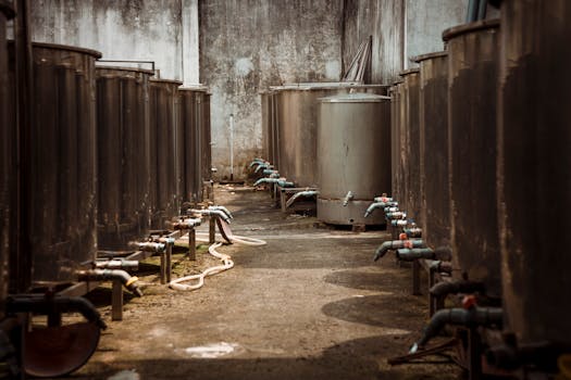 Row of large industrial metal tanks with pipes in an urban environment.