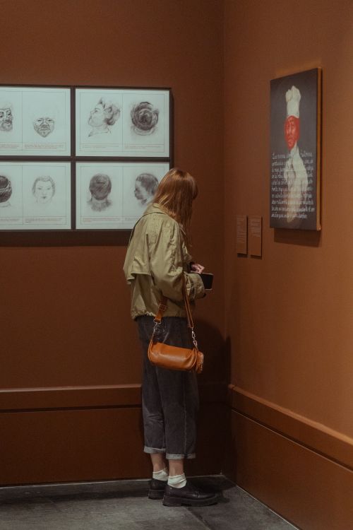 Free A woman studies artwork in a gallery, surrounded by portrait drawings and paintings. Stock Photo