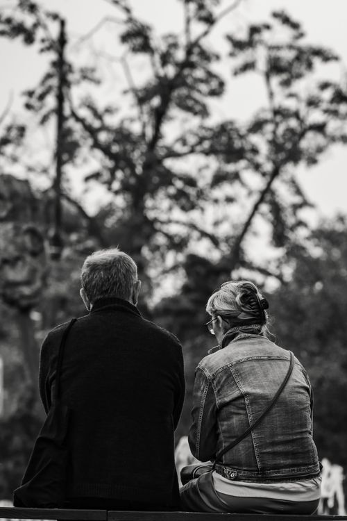 Free Black and white photo of an elderly couple sitting outdoors, back view. Stock Photo