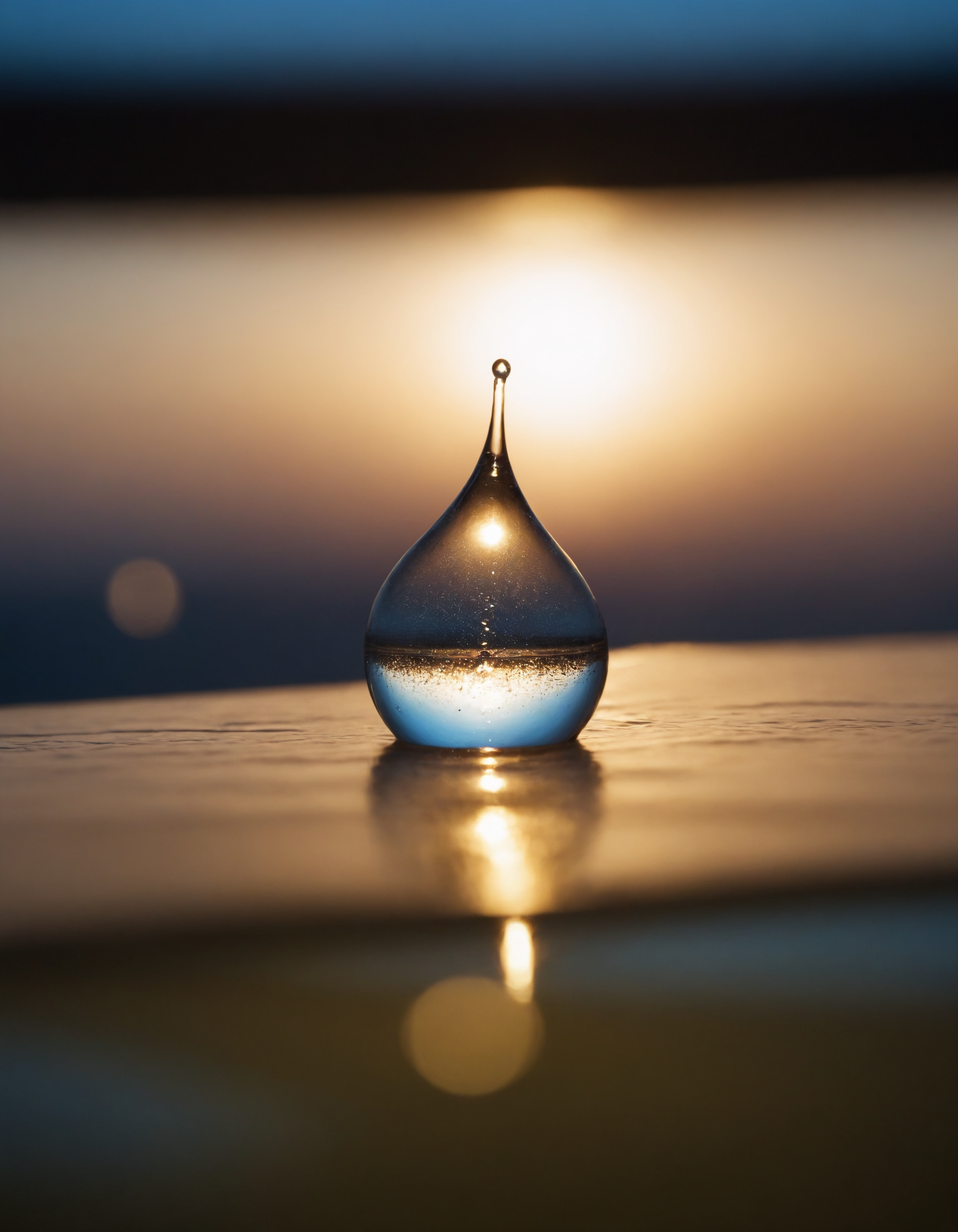 Close-up of a water droplet reflecting golden sunset hues, creating a serene and artistic visual.